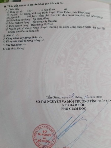 ĐẤT CHÍNH CHỦ CẦN BÁN LONG ĐỊNH - CHÂU THÀNH - TIỀN GIANG - 1,5 Tỷ  - 695 m²