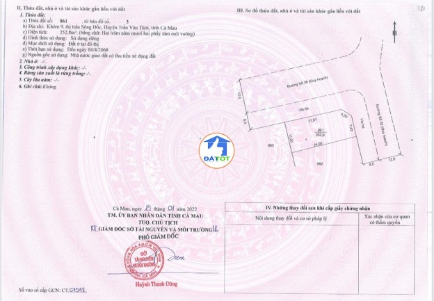 Đất thị trấn Sông Đốc full đất ở đô thị - 9 Tổng diện tích - 252 m²