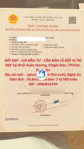 ĐẤT ĐẸP - GIÁ ĐẦU TƯ - CẦN BÁN LÔ ĐẤT VỊ TRÍ ĐẸP Tại Khối Xuân Hương, P.Nghi