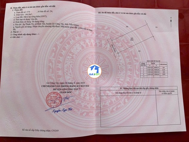 ĐẤT ĐẸP - GIÁ TỐT - Bán GẤP Lô Đất Tiềm Năng Tại Xã Bình Tân, Gò Công Tây, Tiền