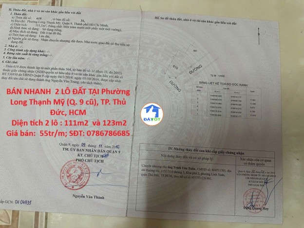 ĐẤT ĐẸP  - GIÁ ĐẦU TƯ –CẦN BÁN NHANH  2 LÔ ĐẤT TẠI Phường Long Thạnh Mỹ (Q. 9