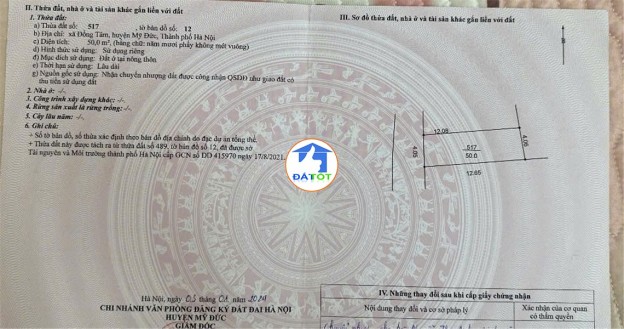 CHÍNH CHỦ CẦN BÁN ĐẤT THỔ CƯ ĐỒNG TÂM, MỸ ĐỨC, HÀ NỘI - SỔ ĐỎ CHÍNH CHỦ - 1.3xx