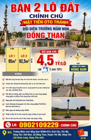 BÁN 2 LÔ ĐẤT CHÍNH CHỦ MẶT TIỀN OTO TRÁNH ĐỐI DIỆN TRƯỜNG MẦM NON ĐỒNG THAN