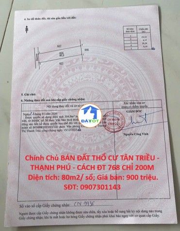 Chính Chủ BÁN ĐẤT THỔ CƯ TÂN TRIỀU - THẠNH PHÚ - CÁCH ĐT 768 CHỈ 200M