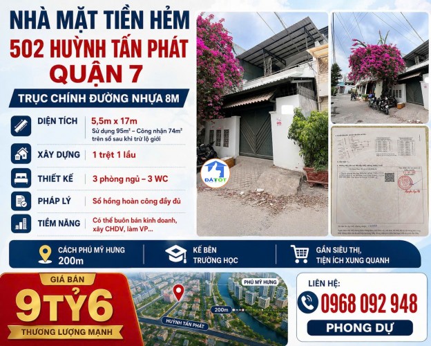 BÁN 2 TẦNG  NHÀ HẺM XE HƠI 502 HUỲNH TẤN PHÁT – QUẬN 7 NGAY TRUNG TÂM QUẬN 7