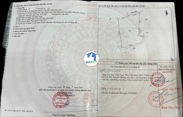 VỊ TRÍ ĐẸP - ĐẦU TƯ SINH LỜI - Chính Chủ Cần Bán Lô Đất Xã Sông Ray, Cẩm Mỹ, - 3300000 Tổng diện tích - 9577 m²