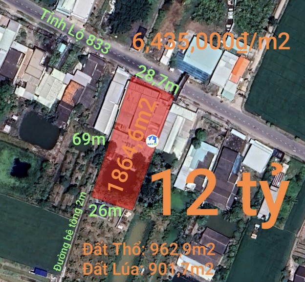 Bán lô đất thổ mặt tiền kinh doanh tỉnh lộ 833 giá 12 tỷ - 12000000 Tổng diện tích - 1864 m²