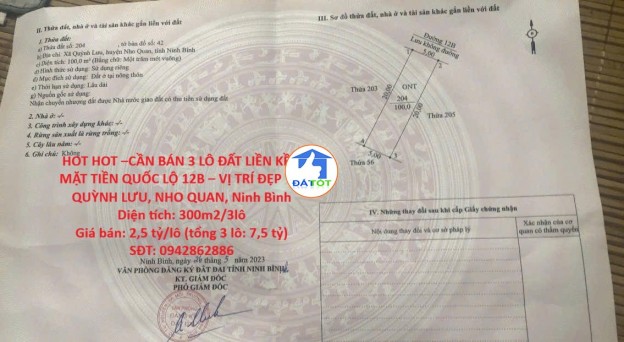 HOT HOT –CẦN BÁN 3 LÔ ĐẤT LIỀN KỀ – MẶT TIỀN QUỐC LỘ 12B – VỊ TRÍ ĐẸP TẠI QUỲNH - 7500000 Tổng diện tích - 300 m²