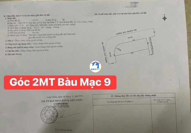 Bán đất GÓC 2MT đường Bàu Mạc 9 & 12 thông Nguyễn Chánh - 7000000 Tổng diện tích - 112 m²