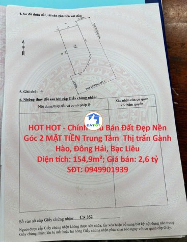 HOT HOT - Chính Chủ Bán Đất Đẹp Nền Góc 2 MẶT TIỀN Trung Tâm Xã Gành Hào – - 2600000 Tổng diện tích - 254 m²