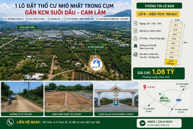Đất nền thổ cư kcn Suối Dầu, Cam Lâm - 830000 Tổng diện tích - 155 m²