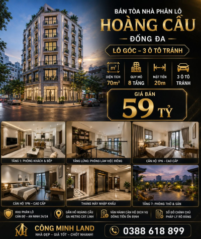 BÁN TÒA NHÀ PHÂN LÔ HOÀNG CẦU - ĐỐNG ĐA - LÔ GÓC - 3 Ô TÔ TRÁNH - 70M2 - 8 TẦNG