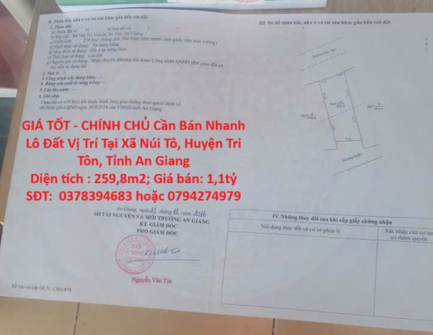 GIÁ TỐT - CHÍNH CHỦ Cần Bán Nhanh Lô Đất Vị Trí Tại Xã Núi Tô, Huyện Tri Tôn,