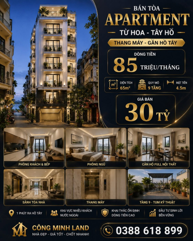 BÁN TÒA APARTMENT TỪ HOA - TÂY HỒ - THANG MÁY - GẦN HỒ TÂY - DÒNG TIỀN 85