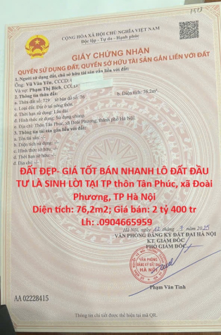 ĐẤT ĐẸP- GIÁ TỐT BÁN NHANH LÔ ĐẤT ĐẦU TƯ LÀ SINH LỜI TẠI TP xã Đoài Phương, TP