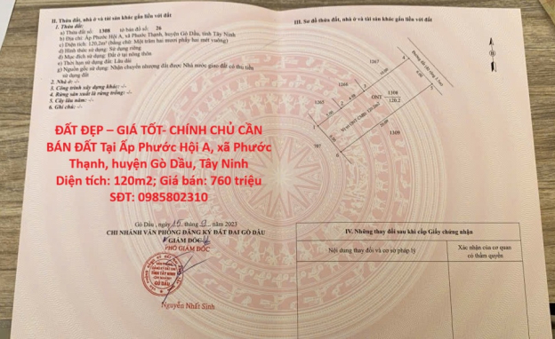ĐẤT ĐẸP – GIÁ TỐT- CHÍNH CHỦ CẦN BÁN ĐẤT Tại Ấp Phước Hội A, xã Phước Thạnh,