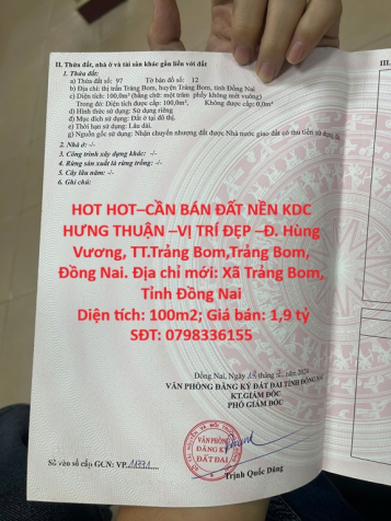 HOT HOT–CẦN BÁN ĐẤT NỀN KDC HƯNG THUẬN –VỊ TRÍ ĐẸP –Đ. Hùng Vương, TT.Trảng