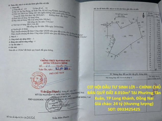 CƠ HỘI ĐẦU TƯ SINH LỜI – CHÍNH CHỦ BÁN QUỸ ĐẤT 8.010m² TẠI Phường Xuân Tân, TP