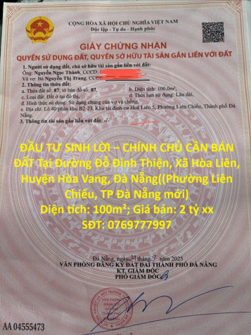 ĐẦU TƯ SINH LỜI – CHÍNH CHỦ CẦN BÁN ĐẤT Tại  Xã Hòa Liên, Huyện Hòa Vang, Đà