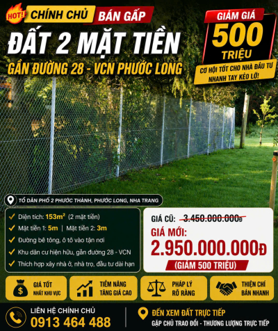 ►  HOT! CHÍNH CHỦ BÁN GẤP 

ĐẤT 2 MẶT TIỀN