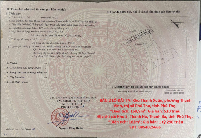 HOT HOT – CHÍNH CHỦ CẦN BÁN 2 LÔ ĐẤT TẠI TX. PHÚ THỌ VÀ H. THANH BA, tỉnh Phú